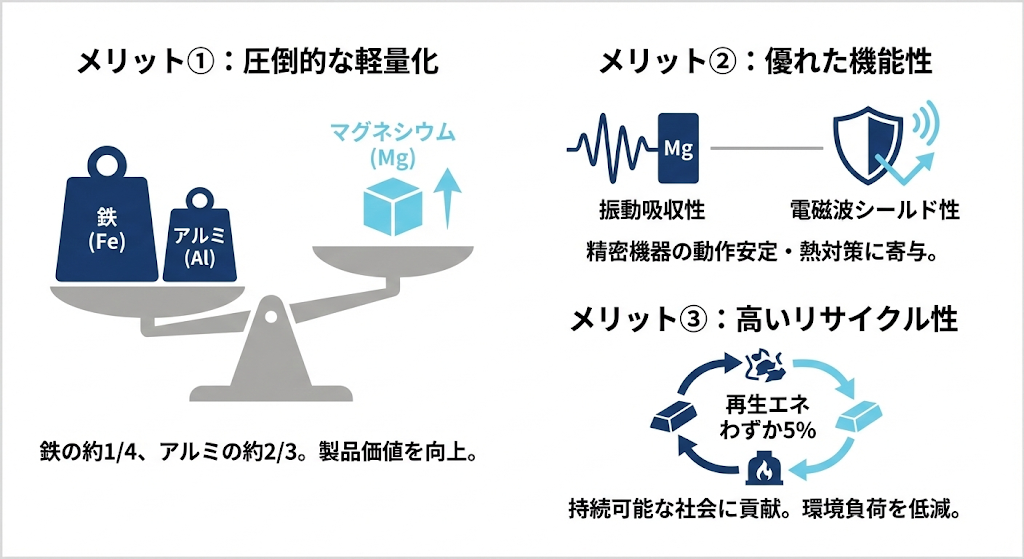 ◆マグネシウムを使用する3つのメリットの概要図