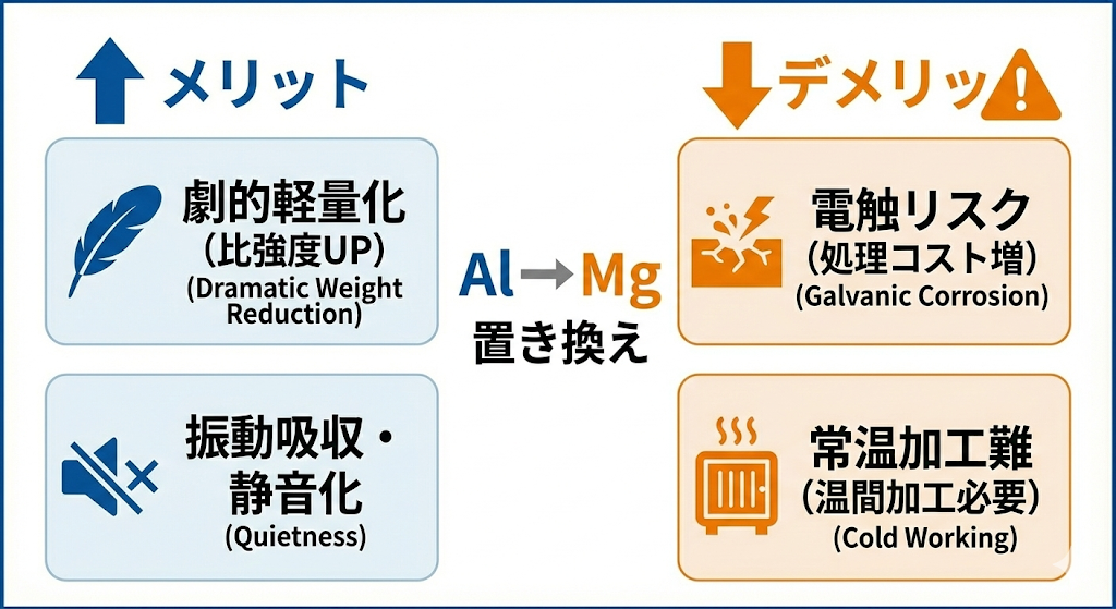 ◆アルミからマグネシウムに置き換えるメリット・デメリットの概要図
