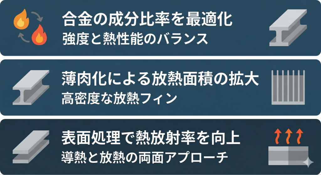 ◆マグネシウムの熱伝導率をより引き出すための3つのポイントの概要図