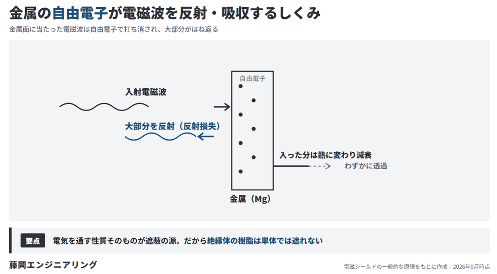 ◆金属の自由電子が入射電磁波を反射・吸収する導電性のしくみ図解(筆者作成)